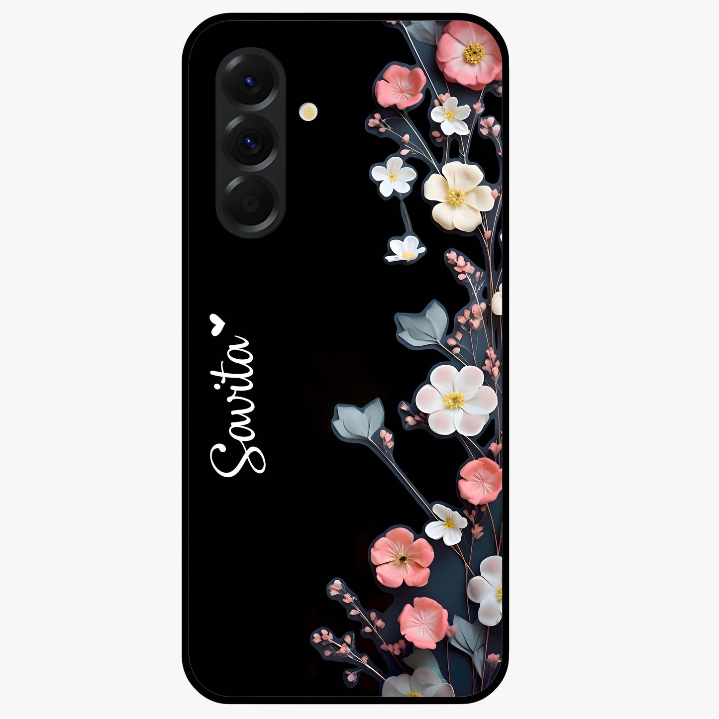 Black Elegance Floral Custom Name Glass Case showing flat back view with elegant floral artwork and personalized name design.