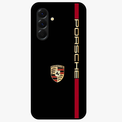 Black Minimal Porsche Glass Case showing flat back view with sleek minimal sports car artwork and glossy glass finish.