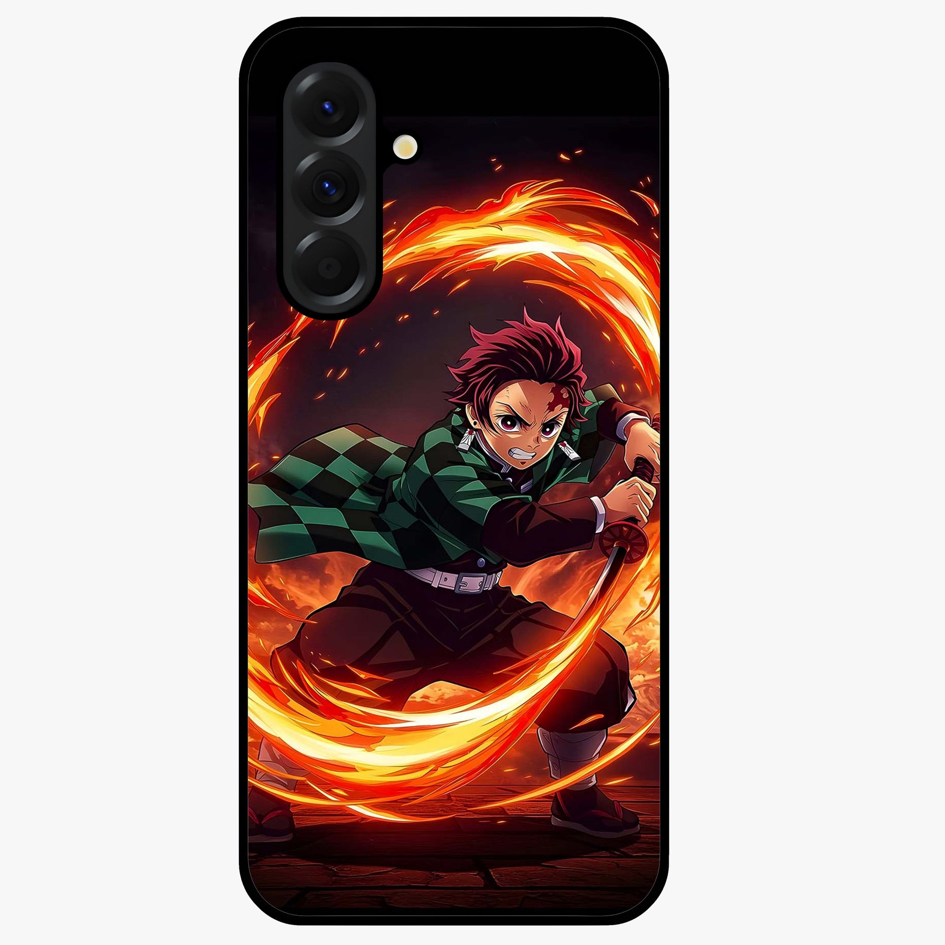 Blazing Sword Resolve Glass Case showing flat back view with fiery sword artwork and glossy glass finish.