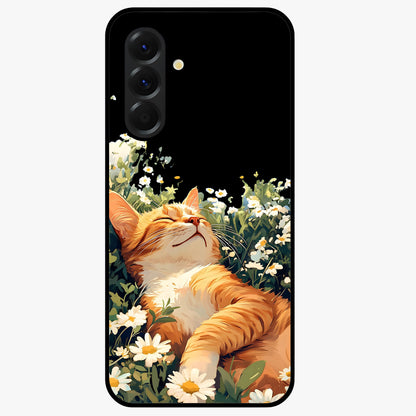 Blissful Bloom Cat Glass Case showing flat back view with cute cat and floral bloom artwork and glossy glass finish.