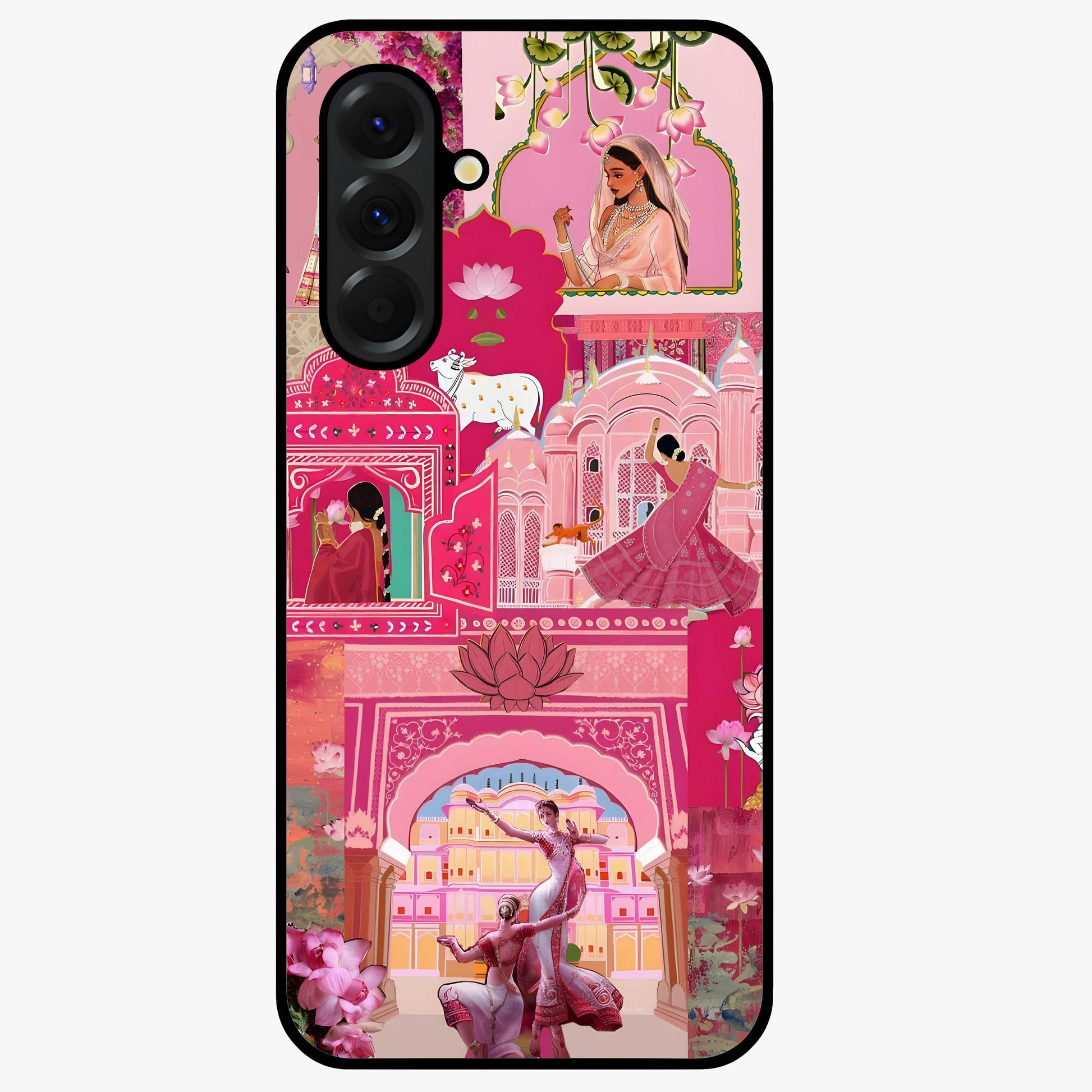 Blossoms of Rajasthan Glass Case showing flat back view with traditional floral artwork inspired by Rajasthan and glossy glass finish.