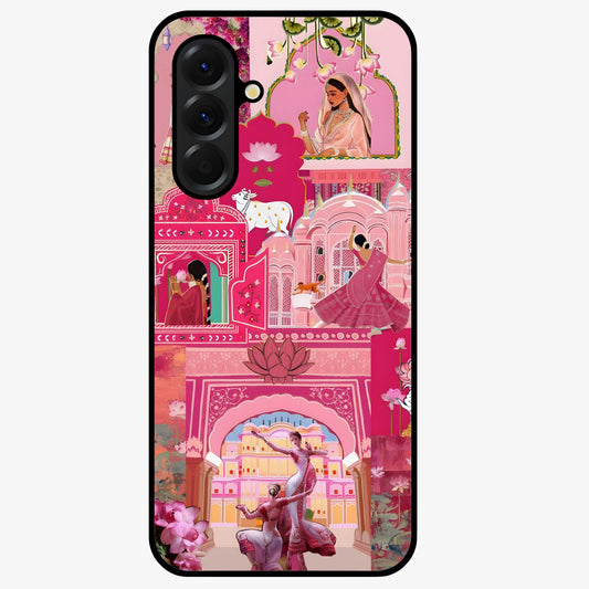 Blossoms of Rajasthan Glass Case showing flat back view with traditional floral artwork inspired by Rajasthan and glossy glass finish.