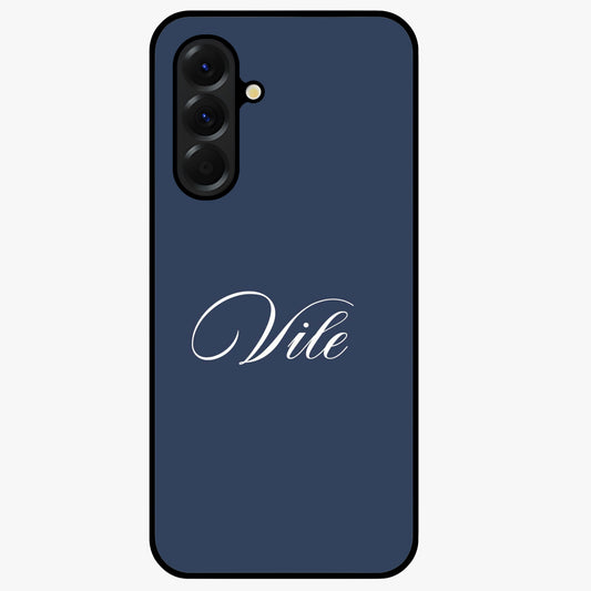 Blue Background Personalized Custom Name Glass Case showing flat back view with minimal blue background and custom name design.