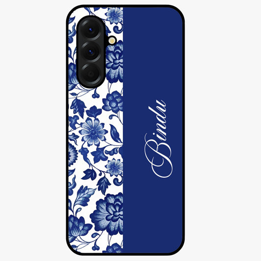Blue Vintage Floral Pattern Glass Case upright view showcasing timeless floral illustration with vintage inspired style.
