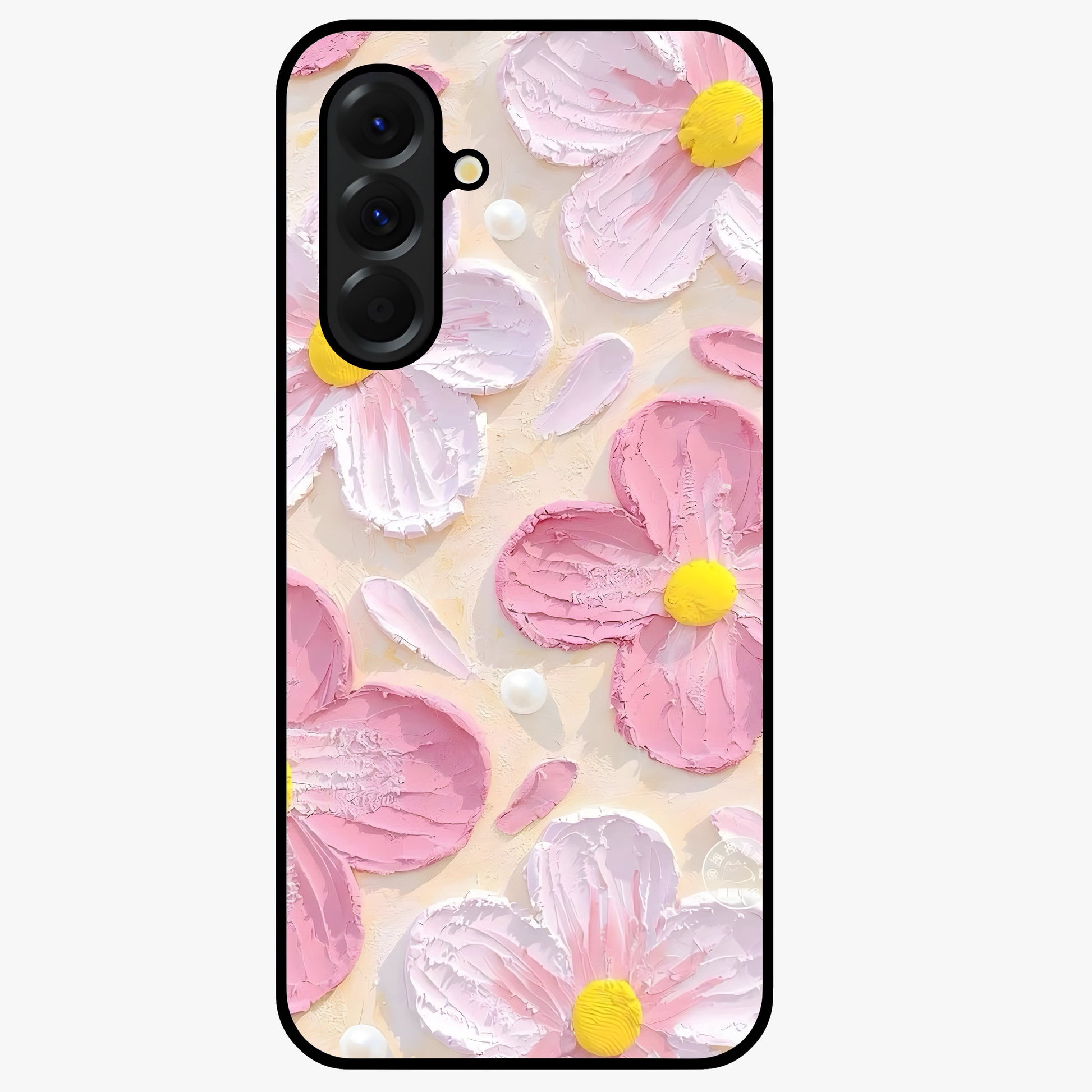 Blush Bloom Texture Glass Case showing flat back view with soft blush floral texture artwork and glossy glass finish.