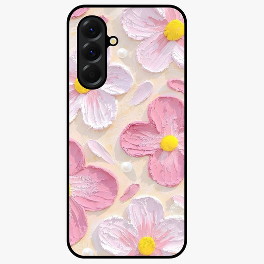 Blush Bloom Texture Glass Case showing flat back view with soft blush floral texture artwork and glossy glass finish.