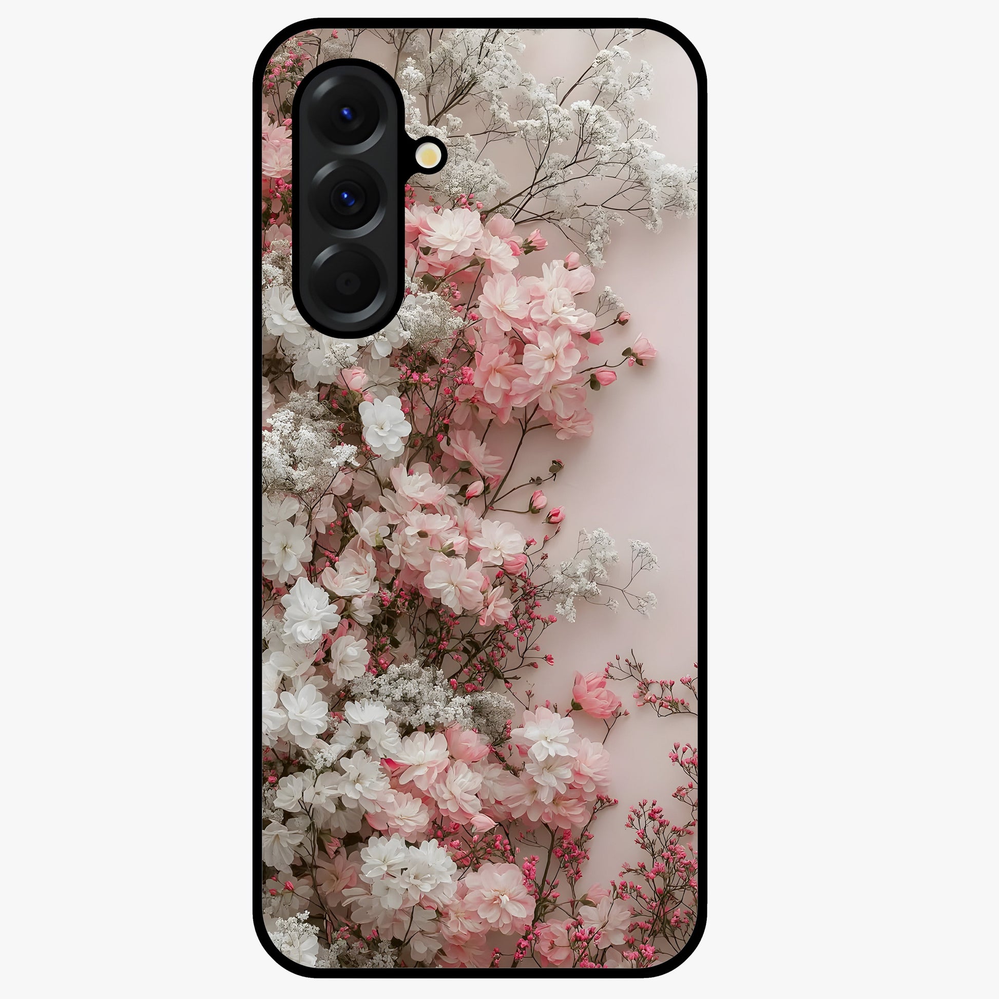 Blush Blossom Cloud Glass Case showing flat back view with dreamy blush cloud blossom artwork and glossy glass finish.