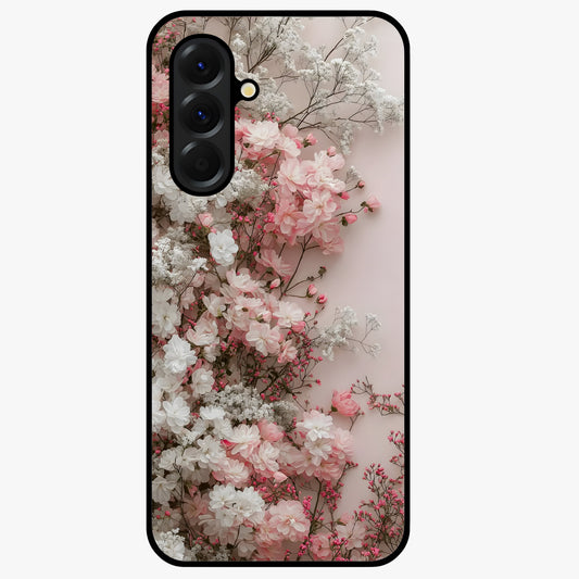 Blush Blossom Cloud Glass Case showing flat back view with dreamy blush cloud blossom artwork and glossy glass finish.