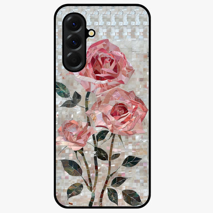 Blush Mosaic Bloom Glass Case showing flat back view with mosaic floral bloom artwork and glossy glass finish.