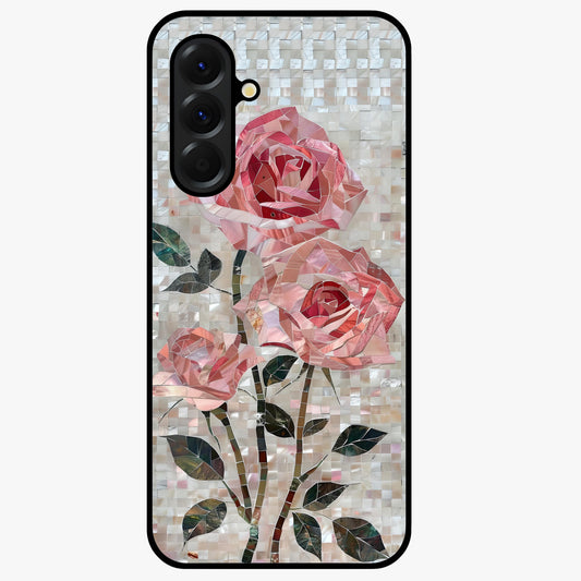 Blush Mosaic Bloom Glass Case showing flat back view with mosaic floral bloom artwork and glossy glass finish.
