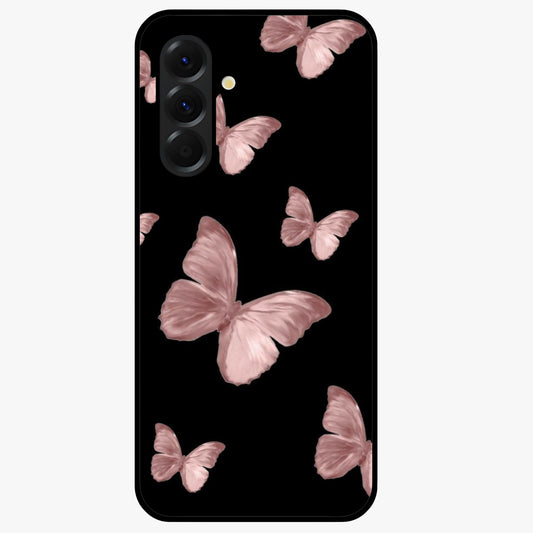 Butterfly Pattern Glass Case showing flat back view with elegant butterfly pattern artwork and glossy glass finish.
