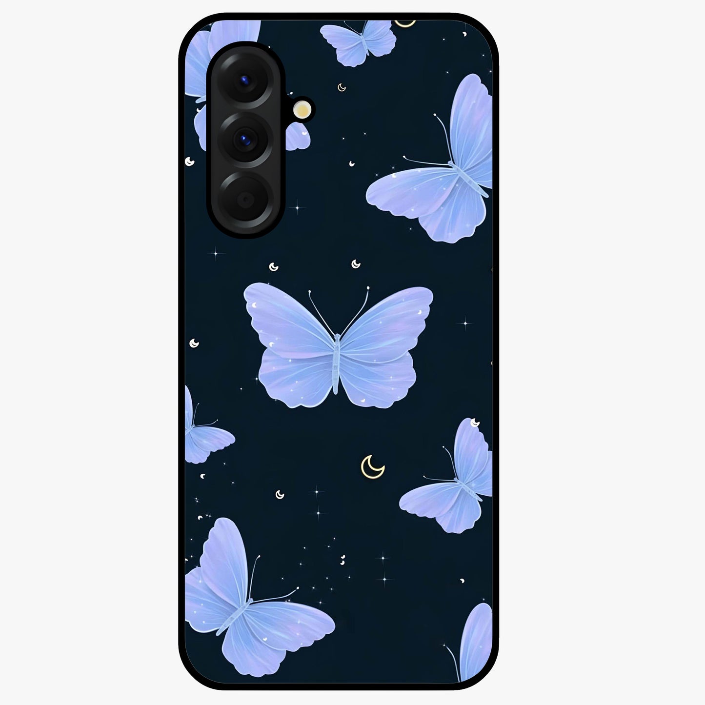 Butterfly With Stars Pattern Glass Case showing flat back view with butterfly and star pattern artwork and glossy glass finish.