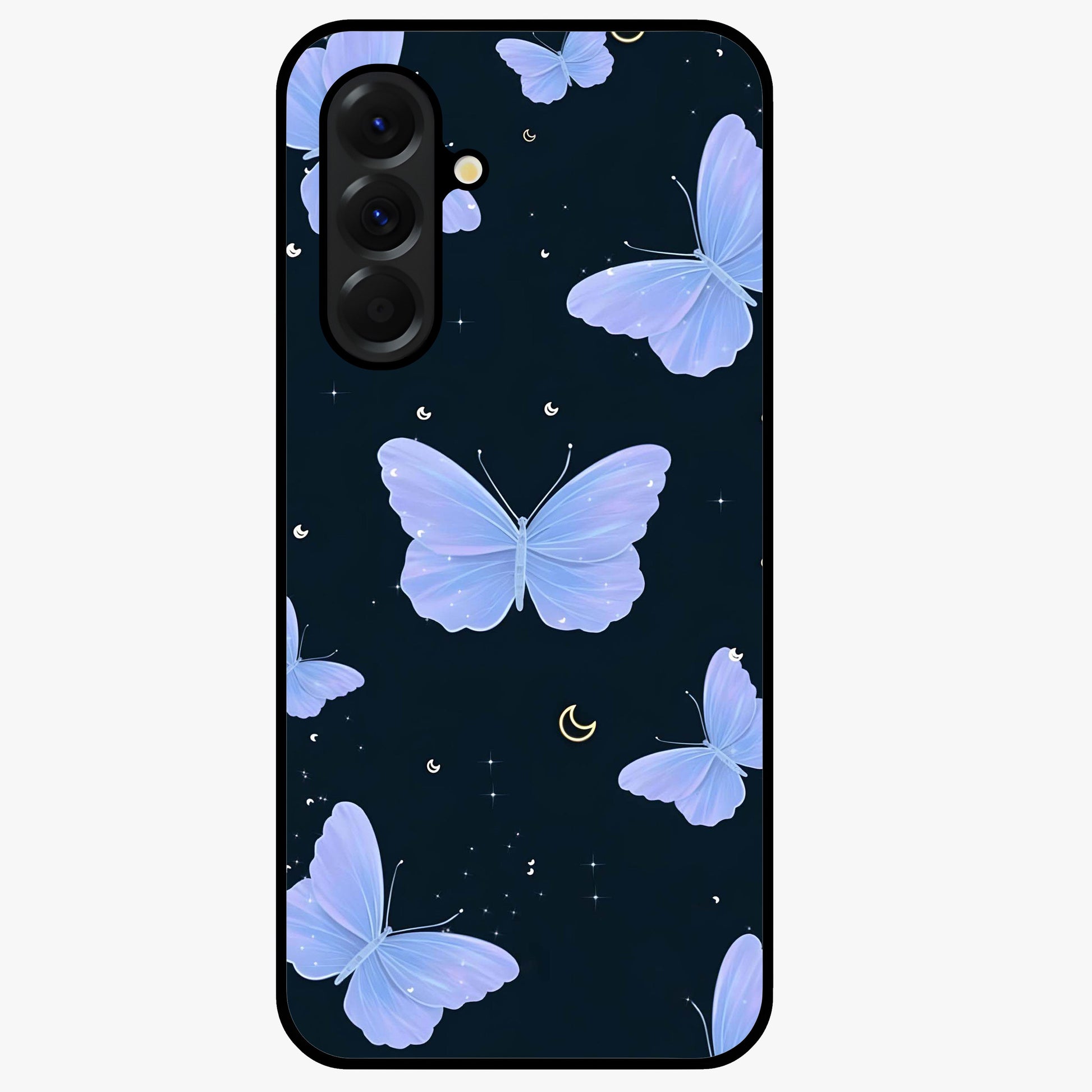 Butterfly With Stars Pattern Glass Case showing flat back view with butterfly and star pattern artwork and glossy glass finish.