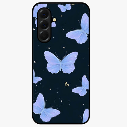 Butterfly With Stars Pattern Glass Case showing flat back view with butterfly and star pattern artwork and glossy glass finish.