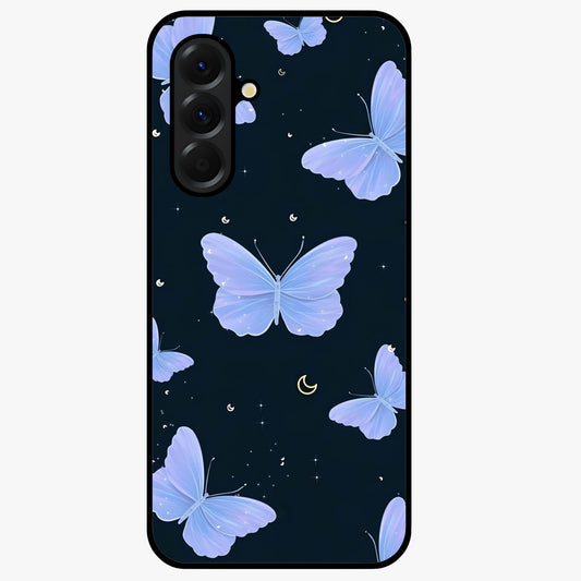 Butterfly With Stars Pattern Glass Case showing flat back view with butterfly and star pattern artwork and glossy glass finish.