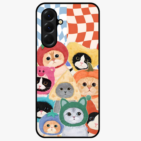 Cats in Fruits Glass Case showing flat back view with playful cat illustrations inside fruit artwork and glossy glass finish.