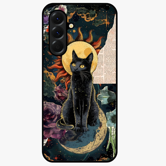 Celestial Black Cat Glass Case showing flat back view with mystical black cat artwork and glossy glass finish.