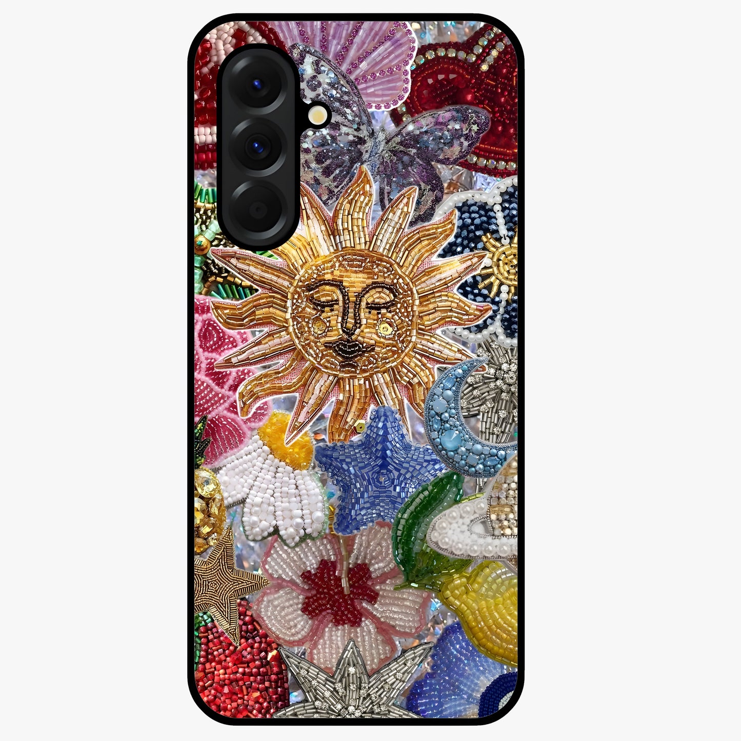 Celestial Floral and Playful Glass Case showing flat back view with floral and celestial themed artwork and glossy glass finish.