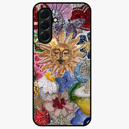 Celestial Floral and Playful Glass Case showing flat back view with floral and celestial themed artwork and glossy glass finish.