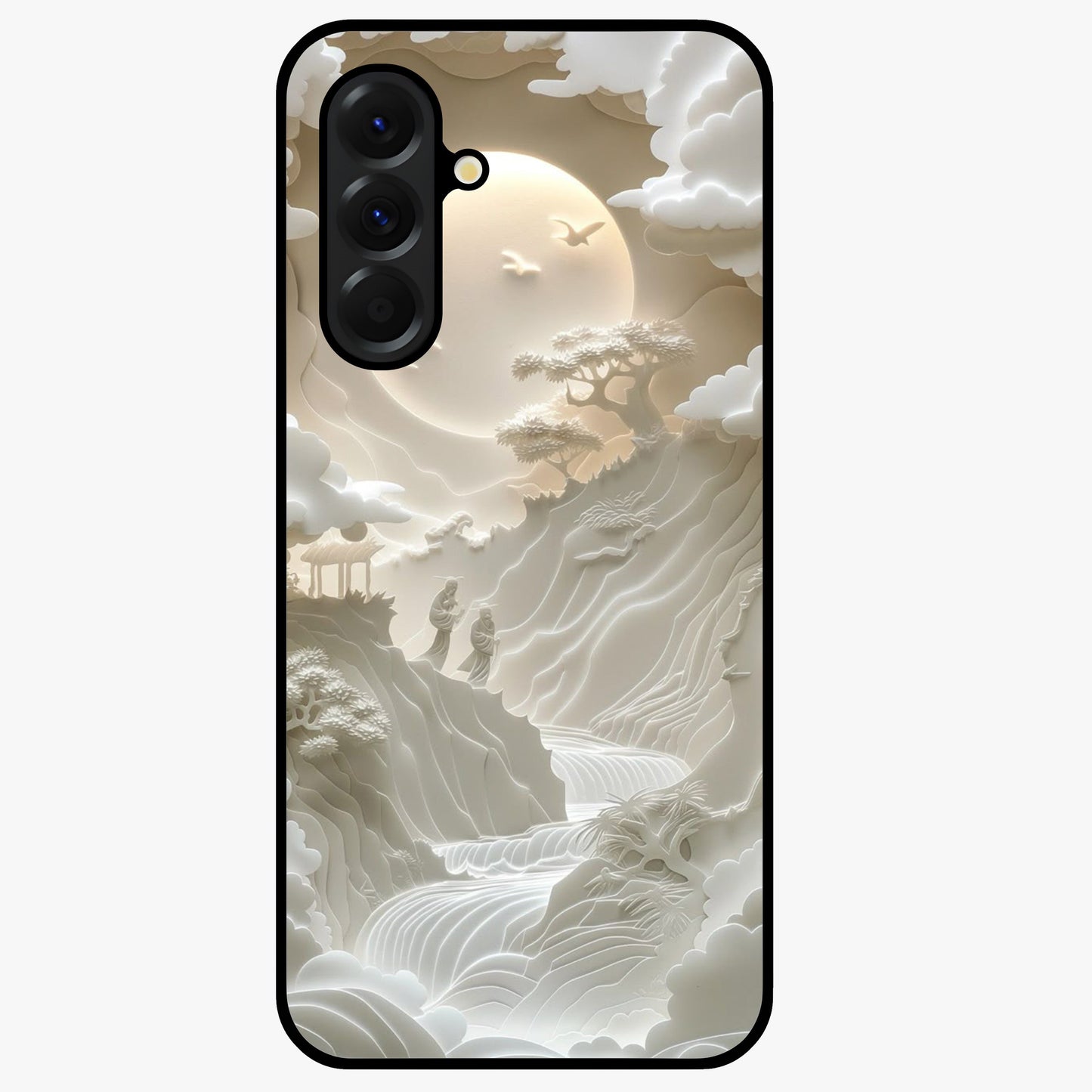 Celestial Origami Glass Case showing flat back view with artistic origami inspired celestial artwork and glossy glass finish.