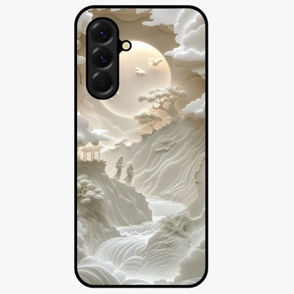 Celestial Origami Glass Case showing flat back view with artistic origami inspired celestial artwork and glossy glass finish.
