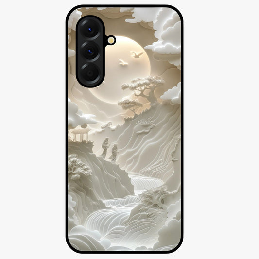 Celestial Origami Glass Case showing flat back view with artistic origami inspired celestial artwork and glossy glass finish.