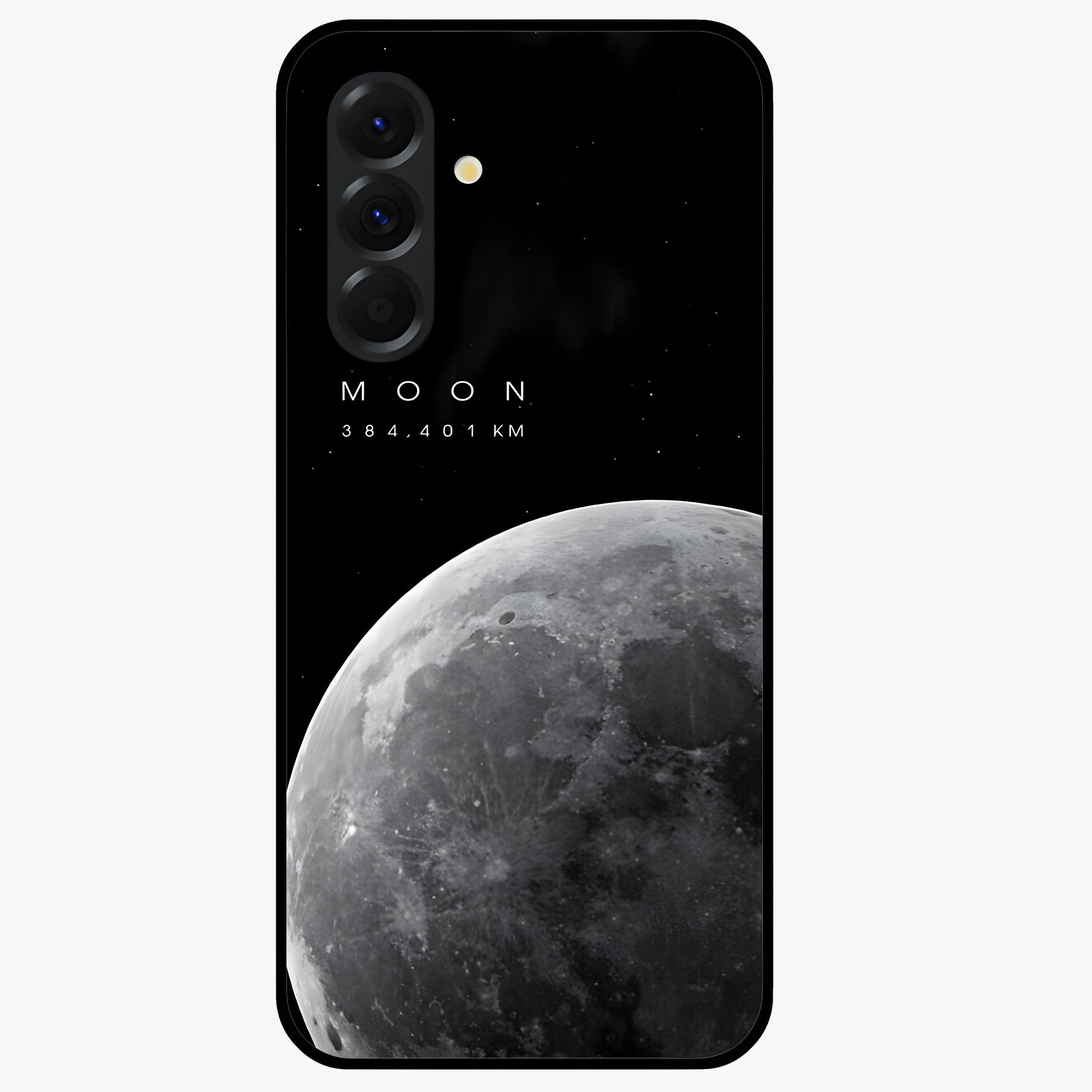 Cosmic Moon Glow Glass Case showing flat back view with glowing moon artwork and glossy glass finish.