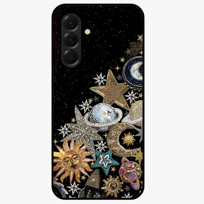 Cosmic Sparkle Dreams Glass Case showing flat back view with sparkling cosmic artwork and glossy glass finish.