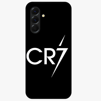 Cr7 Elite Strike Glass Case showing flat back view with dynamic football inspired artwork and glossy glass finish.