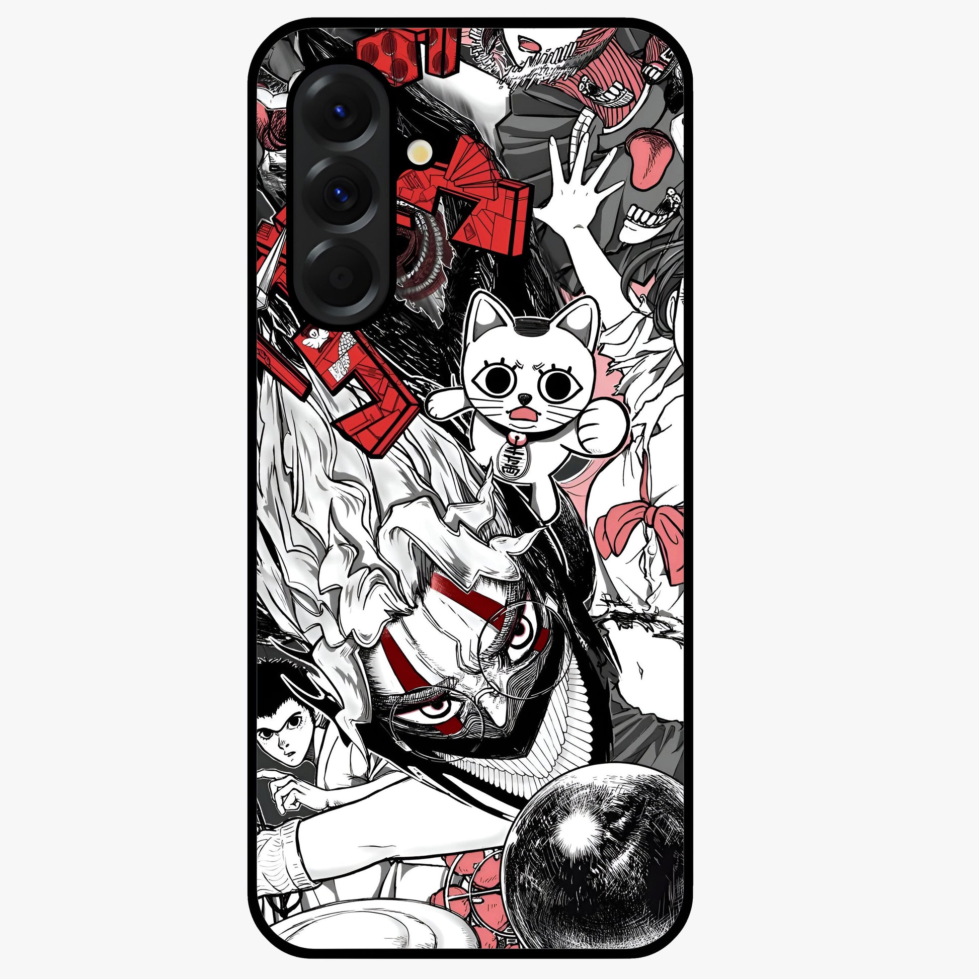 Crimson Chaos Panel Glass Case showing flat back view with bold crimson abstract artwork and glossy glass finish.