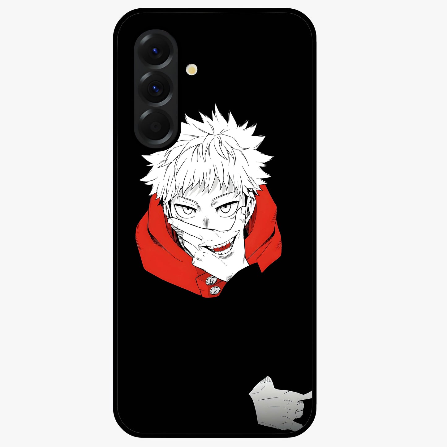 Crimson Chaos Smile Glass Case showing flat back view with bold chaotic smile artwork and glossy glass finish.