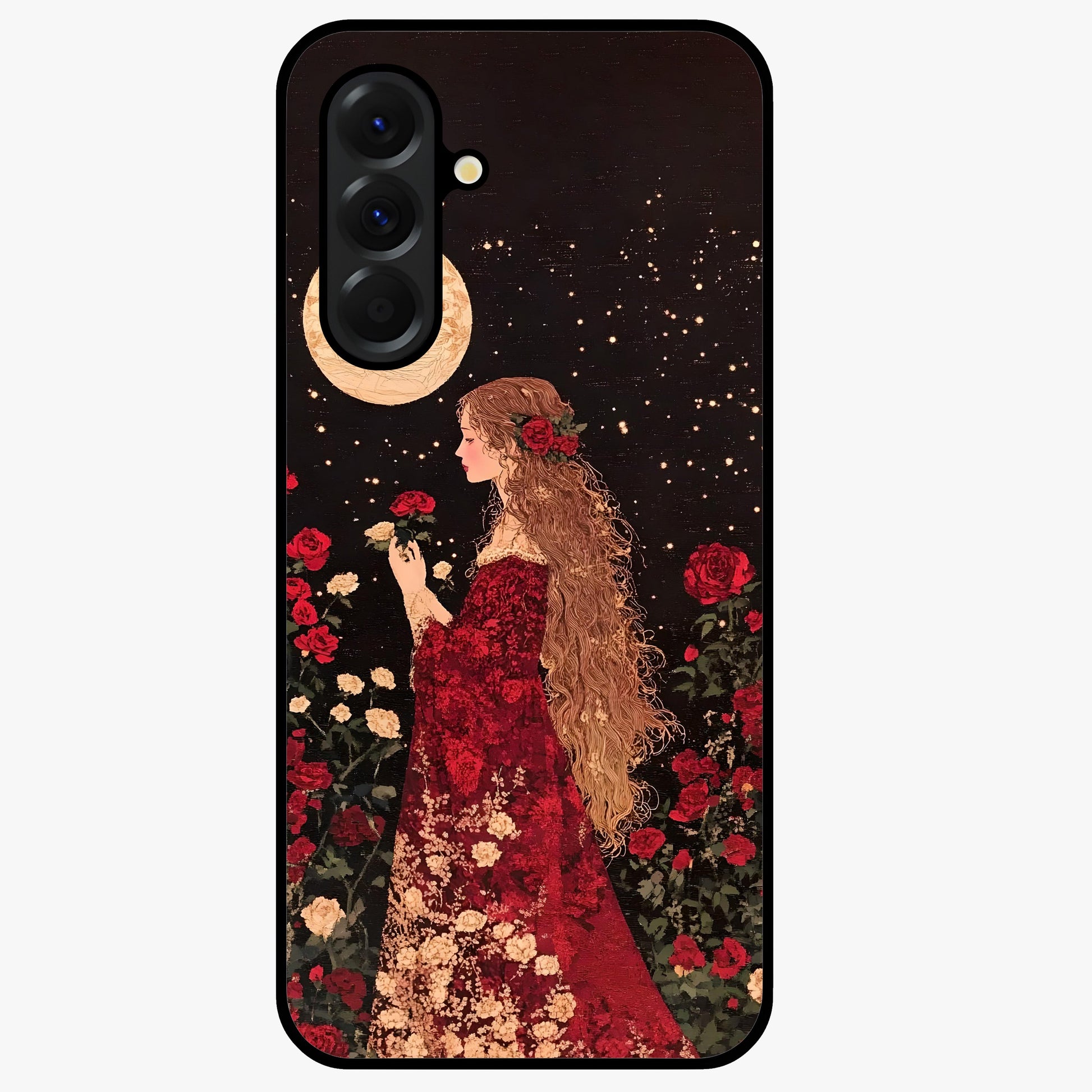 Crimson Dreams Glass Case showing flat back view with dreamy crimson artwork and glossy glass finish.