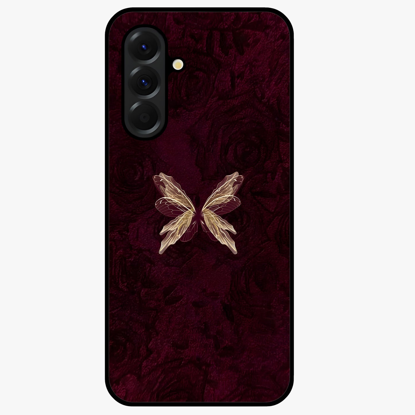 Crimson Fade Butterfly Glass Case showing flat back view with fading butterfly artwork and glossy glass finish.