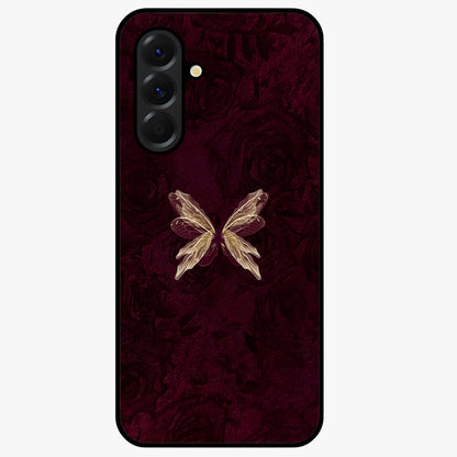 Crimson Fade Butterfly Glass Case showing flat back view with fading butterfly artwork and glossy glass finish.