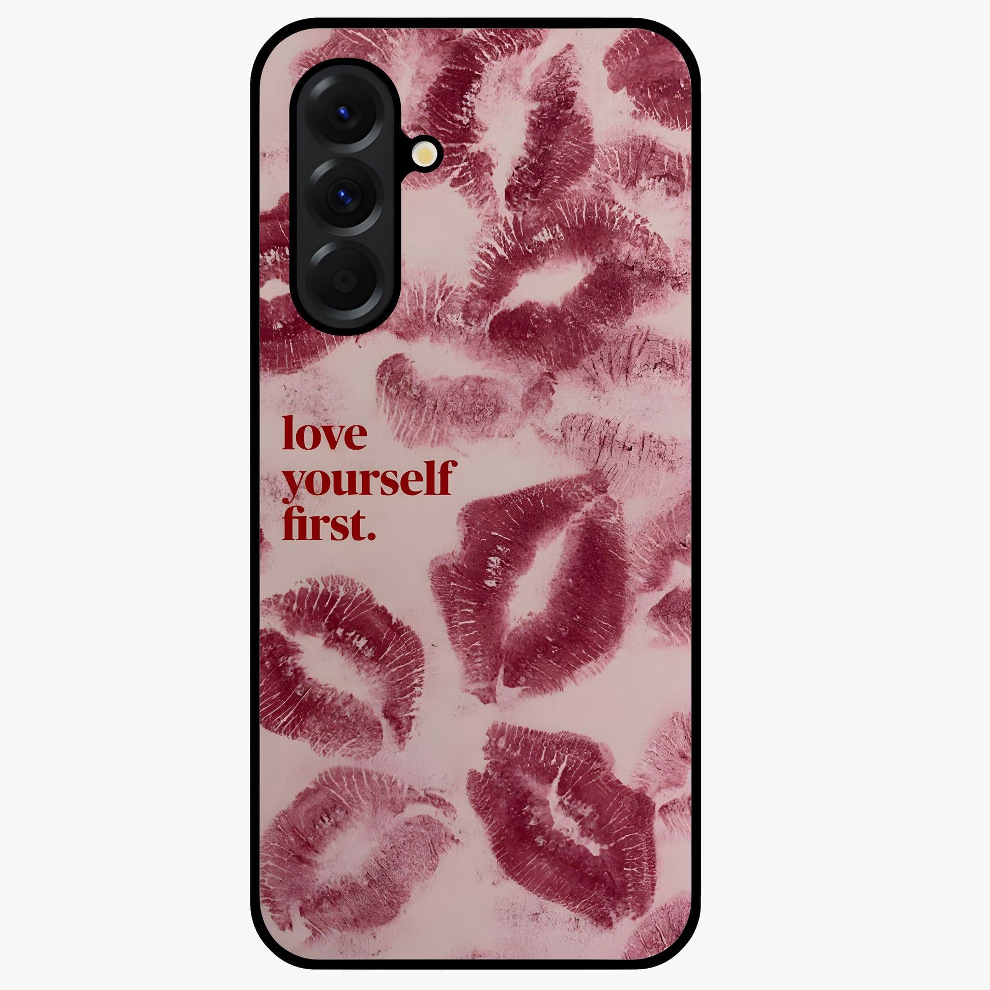 Crimson Kiss Love Glass Case showing flat back view with romantic crimson themed artwork and glossy glass finish.