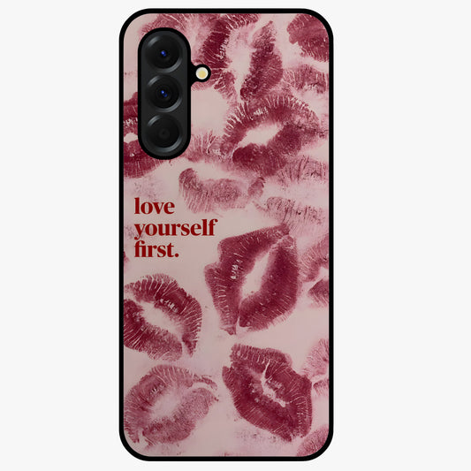 Crimson Kiss Love Glass Case showing flat back view with romantic crimson themed artwork and glossy glass finish.
