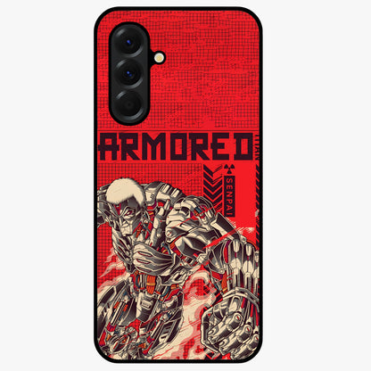 Crimson Mecha Titan Glass Case showing flat back view with powerful mech titan artwork and glossy glass finish.