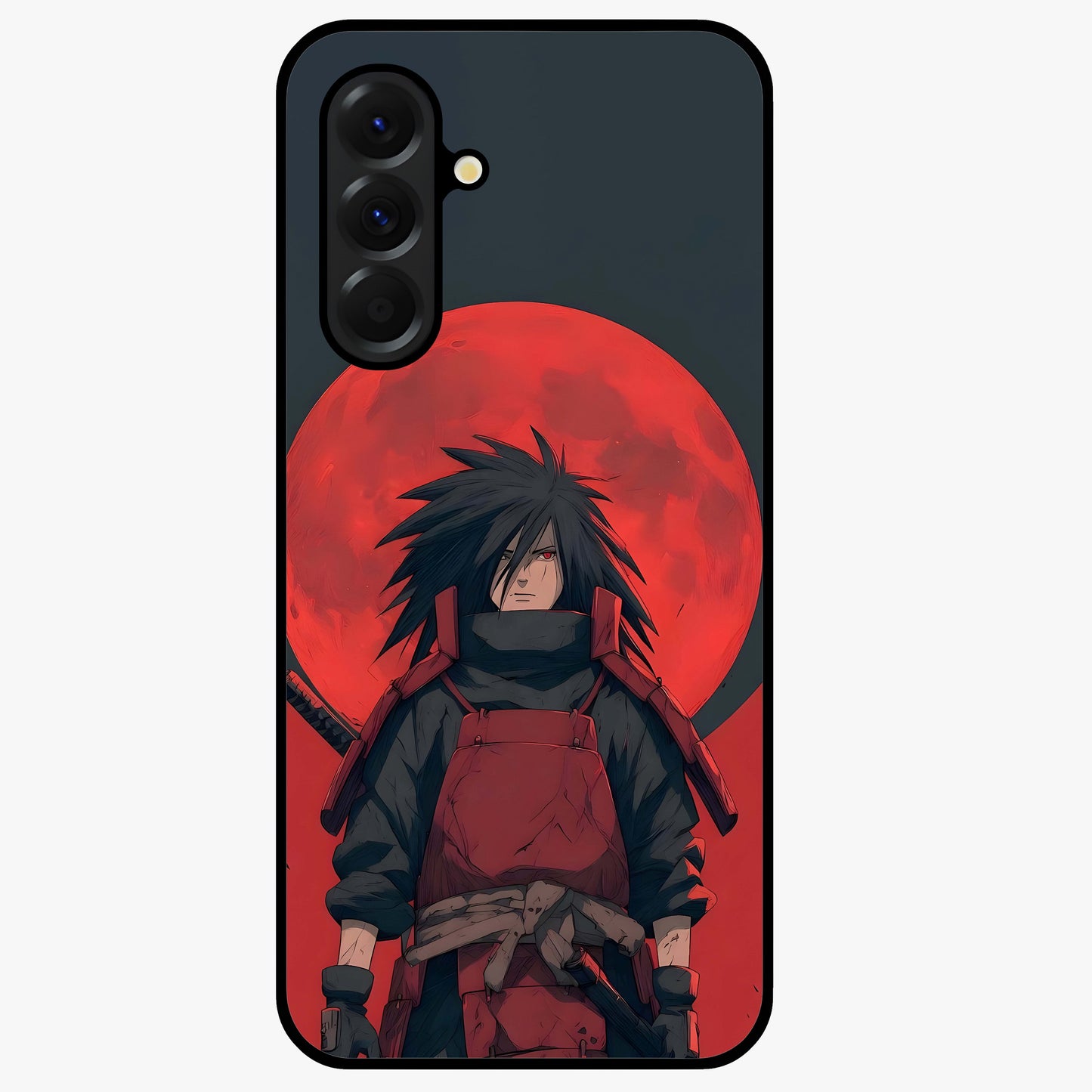 Crimson Moon Warlord Glass Case showing flat back view with mystical moon warrior artwork and glossy glass finish.
