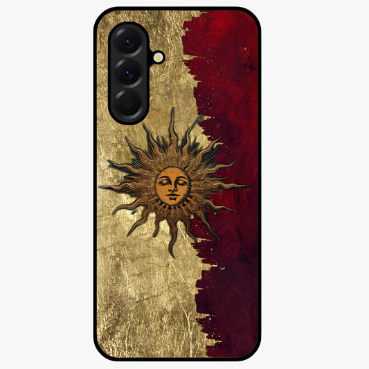 Crimson Sun Majesty Glass Case showing flat back view with radiant sun inspired artwork and glossy glass finish.