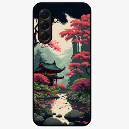 Crimson Temple View Glass Case showing flat back view with temple inspired artwork and glossy glass finish.