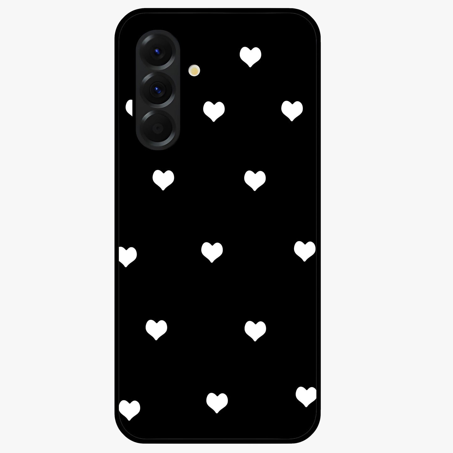 Cute And Simple White Hearts Glass Case showing flat back view with minimal white heart pattern and glossy glass finish.