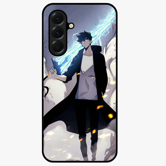 Dark Lightning Anime Warrior Glass Case showing flat back view with intense anime warrior artwork and glossy glass finish.