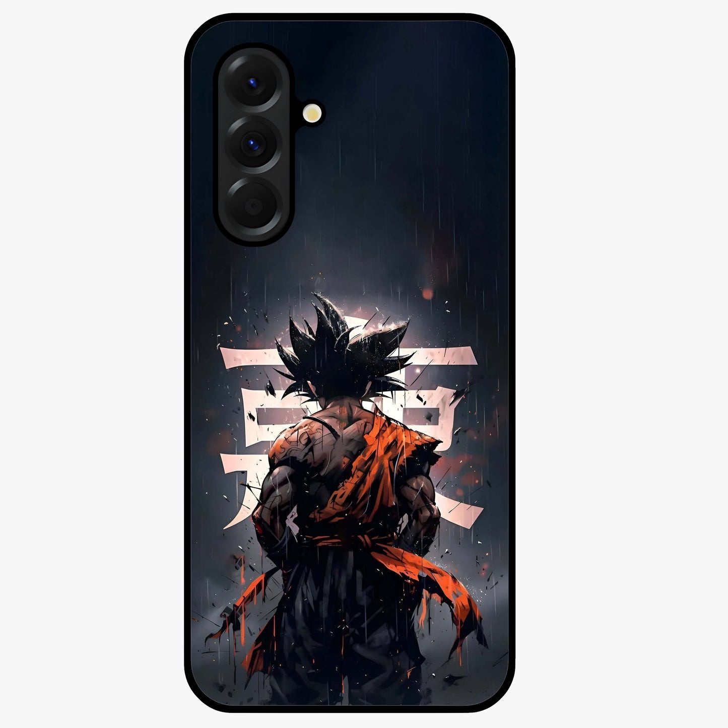 Dark Warrior In Rain Glass Case showing flat back view with warrior artwork in rainy atmosphere and glossy glass finish.