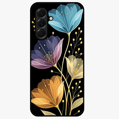 Delicate Multicolor Flowers Glass Case showing flat back view with vibrant floral artwork and glossy glass finish.