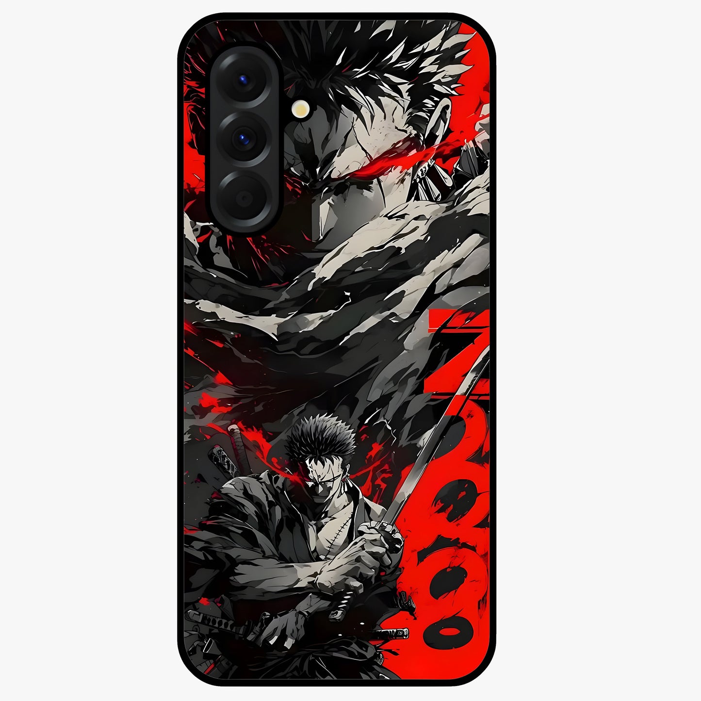 Demon Sword Resolve Glass Case showing flat back view with fierce sword warrior artwork and glossy glass finish.