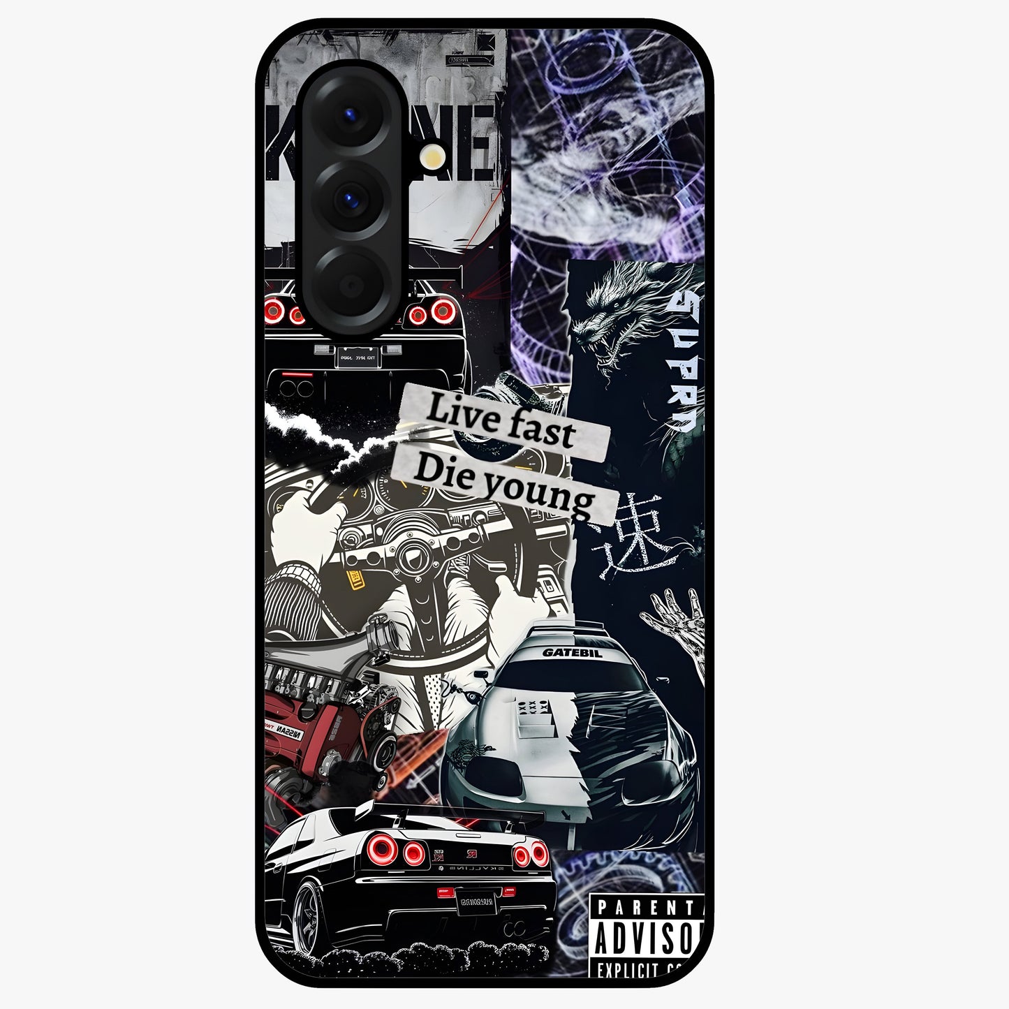 Die Young Glass Case showing flat back view with bold artistic typography design and glossy glass finish.