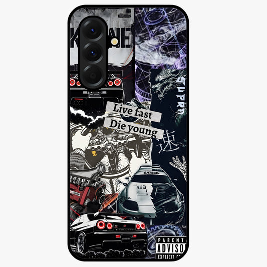 Die Young Glass Case showing flat back view with bold artistic typography design and glossy glass finish.