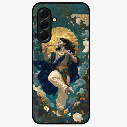 Divine Krishna Art Glass Case showing flat back view with Lord Krishna artwork and glossy glass finish.