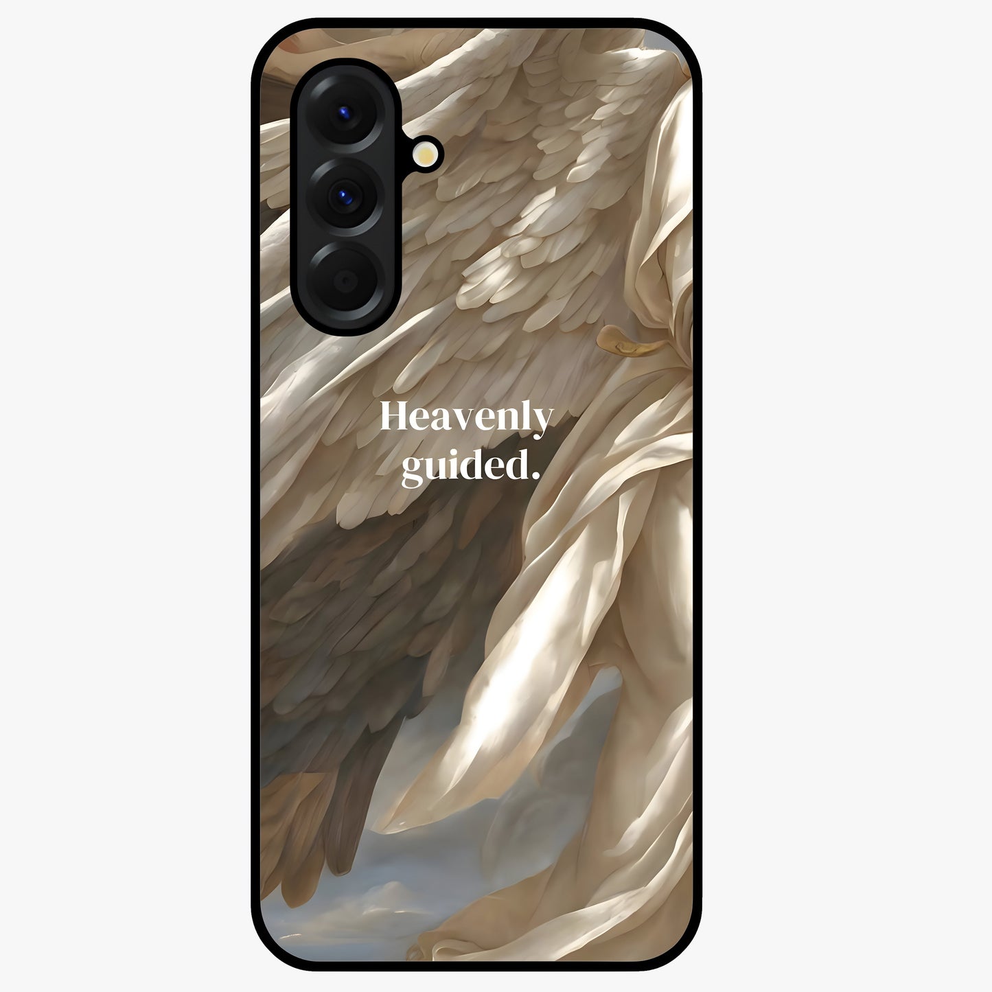 Divine Winged Grace Glass Case showing flat back view with elegant wing inspired artwork and glossy glass finish.