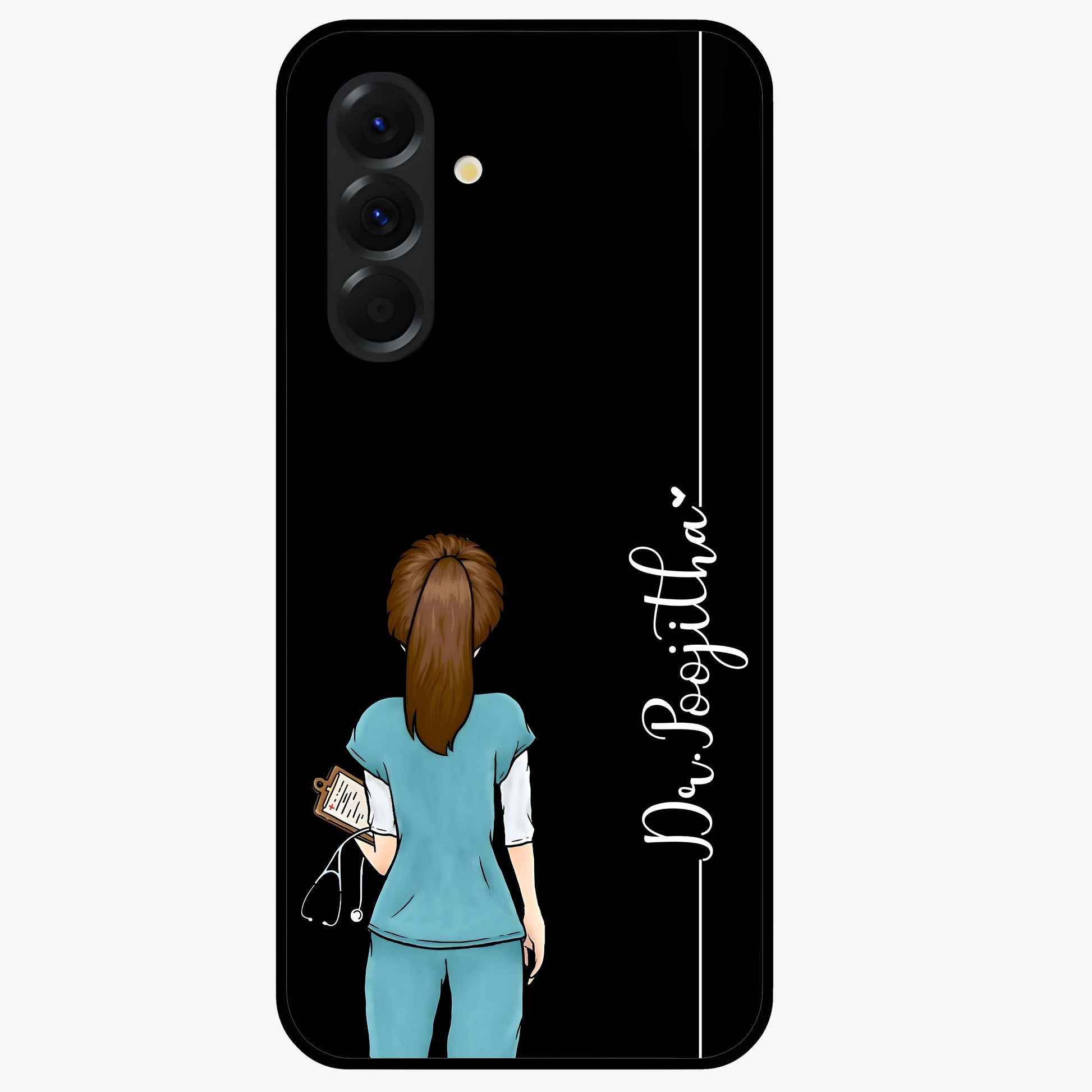 Doctor Pattern Custom Name Glass Case showing flat back view with medical themed pattern and personalized name design.